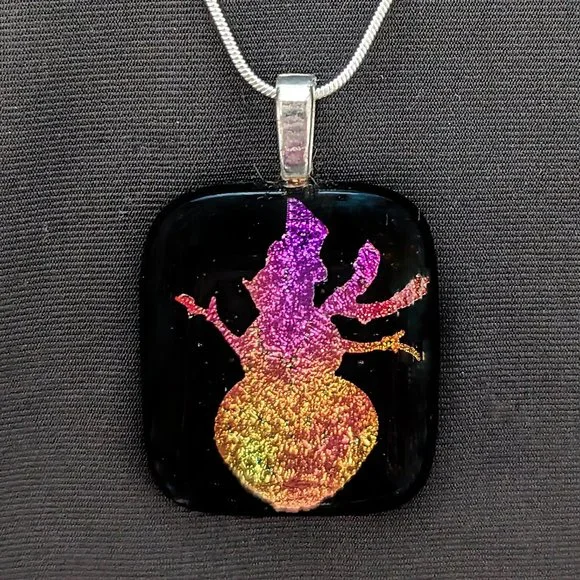 Signed Large SNOWMAN Etch Pink & Purple Dichroic Glass Pendant w/Sterling Chain - Picture 1 of 6